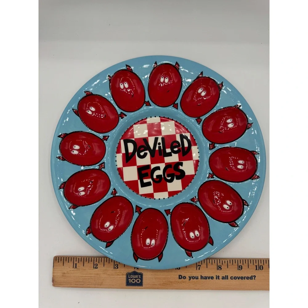 Our Name is Mud Lorrie Veasey Deviled Egg Platter Ceramic Serving Tray Blue Red